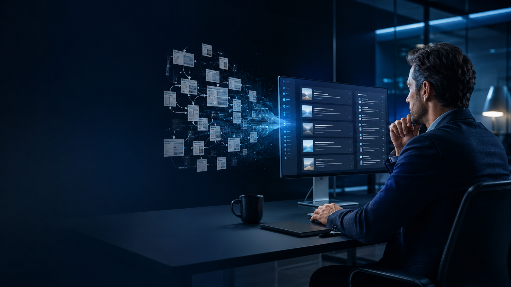 Professional reviewing an AI-ready knowledge feed generated from a sprawling website by FeedLean AI